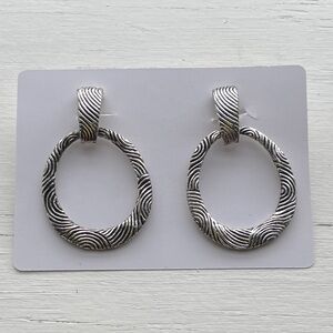 Textured Silver Tone Oval Dangle Door Knocker Clip Earrings